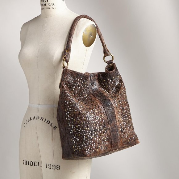 Frye Handbags - FRYE DB859 DEBORAH STUDDED TOTE CHOCOLATE DISTRESSED LEATHER BAG